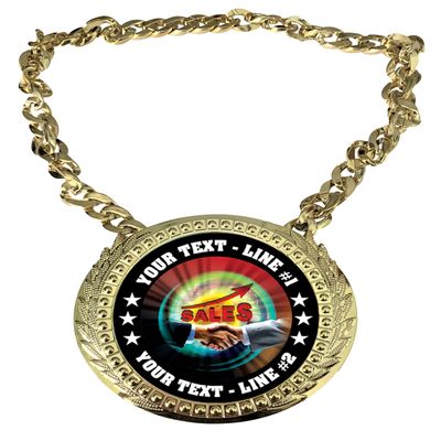 Express Medals Custom Sales Contest Quota Champ Chain Trophy with 2 Lines of Personalized Text on a Large Rigid Plastic Award Medal and 34 Inch Long Gold Color Neck Chain. MY480
