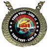 Express Medals Custom Sales Contest Quota Champ Chain Trophy with 2 Lines of Personalized Text on a Large Rigid Plastic Award Medal and 34 Inch Long Gold Color Neck Chain. MY480 view 2
