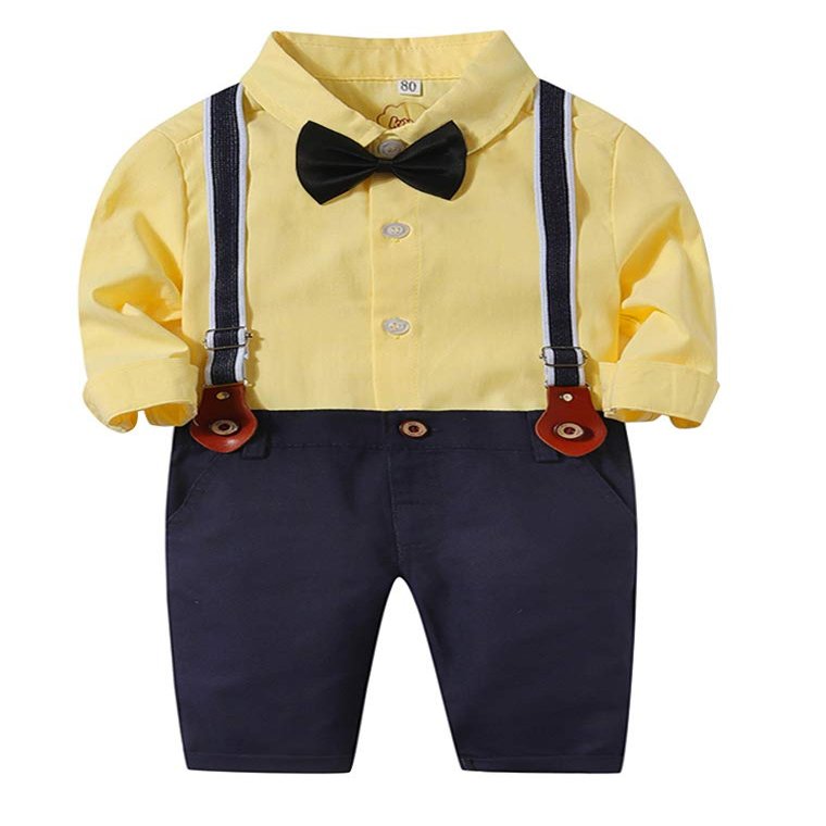 Abolai Gentleman Suspender Outfits Suit with Bowtie for Toddler Boys 3Pcs Woven Shirt and Pants Yellow 100
