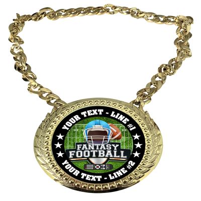 Express Medals Custom Fantasy Football Champ Chain Trophy with 2 Lines of Personalized Text on a Large Rigid Plastic Award Medal and 34 Inch Long Gold Color Neck Chain. EG100