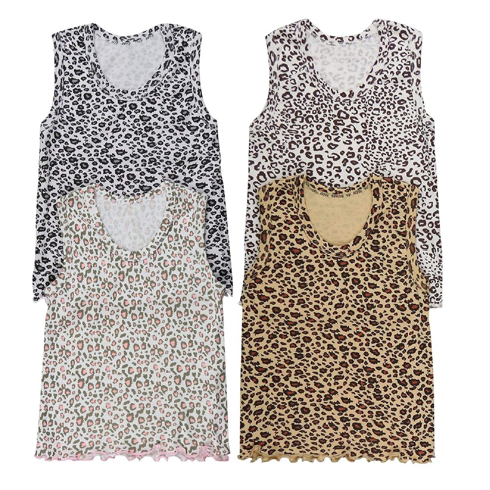 I&S Girl's 4 Pack Sleeveless Tank Tops Soft Cotton Undershirts (12, Cheetah)