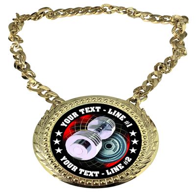 Express Medals Custom Weight Lifting Lifter Champ Chain Trophy with 2 Lines of Personalized Text on a Large Rigid Plastic Award Medal and 34 Inch Long Gold Color Neck Chain. FCL574