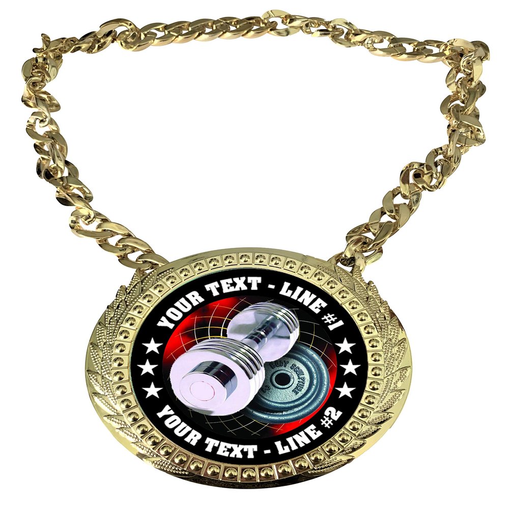 Express Medals Custom Weight Lifting Lifter Champ Chain Trophy with 2 Lines of Personalized Text on a Large Rigid Plastic Award Medal and 34 Inch Long Gold Color Neck Chain. FCL574