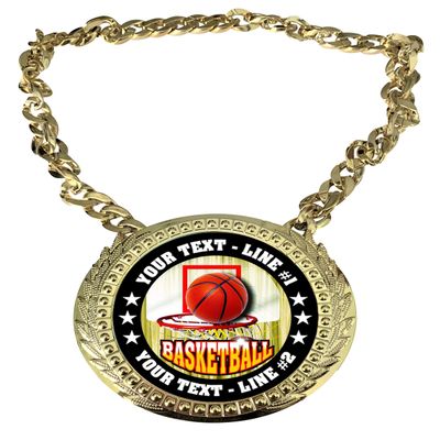 Express Medals Custom Basketball Champ Chain Trophy with 2 Lines of Personalized Text on a Large Rigid Plastic Award Medal and 34 Inch Long Gold Color Neck Chain. FCL412