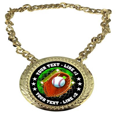 Express Medals Custom Baseball Glove Champ Chain Trophy with 2 Lines of Personalized Text on a Large Rigid Plastic Award Medal and 34 Inch Long Gold Color Neck Chain. FCL408