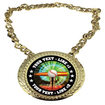Express Medals Custom T Ball Tee Champ Chain Trophy with 2 Lines of Personalized Text on a Large Rigid Plastic Award Medal and 34 Inch Long Gold Color Neck Chain. MY403