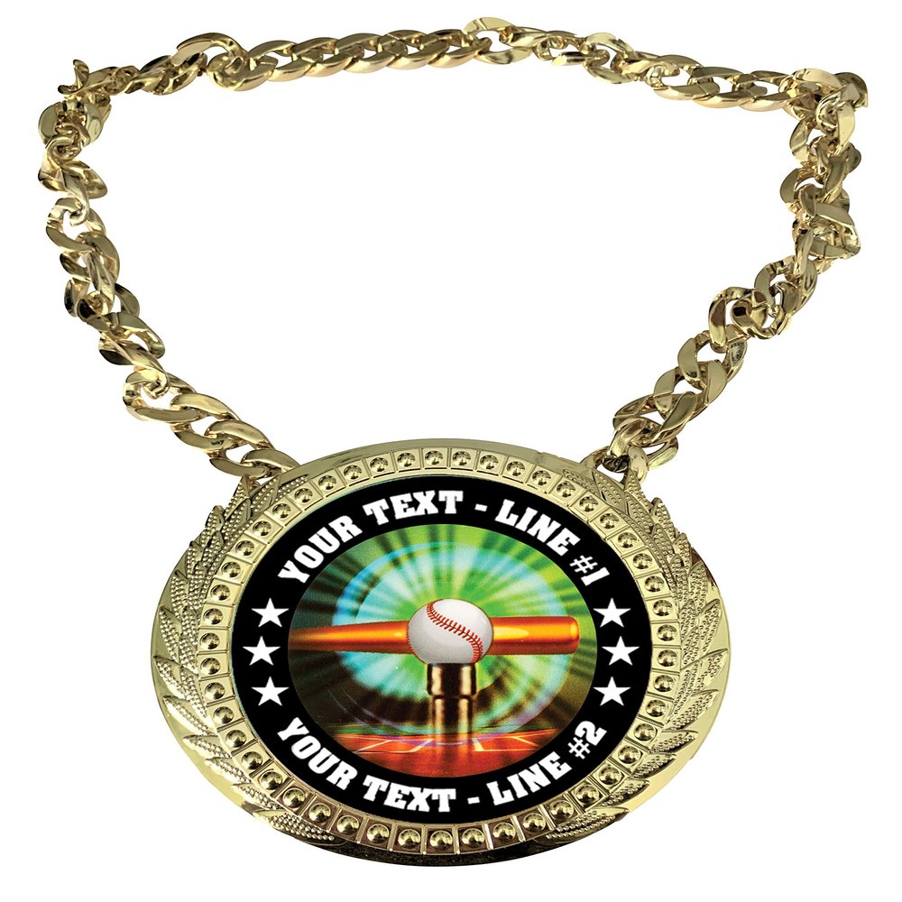 Express Medals Custom T Ball Tee Champ Chain Trophy with 2 Lines of Personalized Text on a Large Rigid Plastic Award Medal and 34 Inch Long Gold Color Neck Chain. MY403