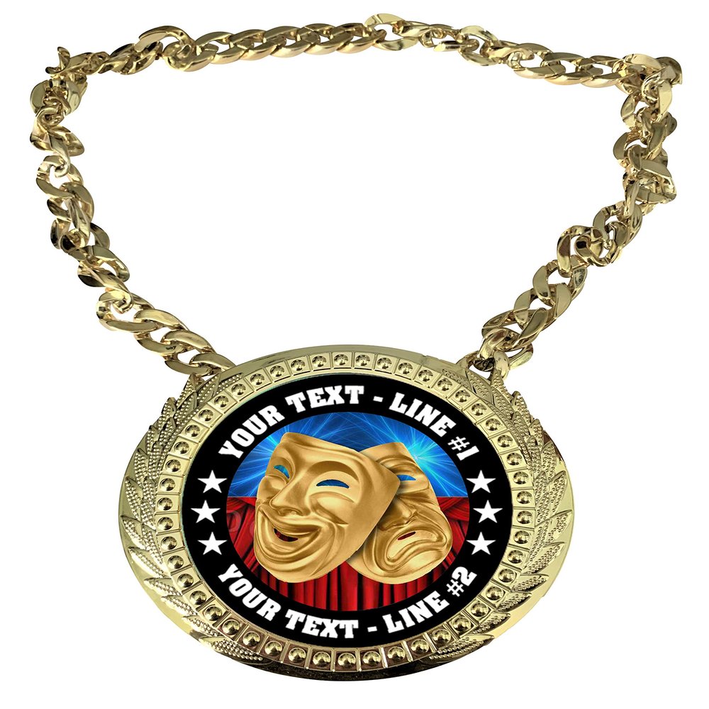 Express Medals Custom Drama Acting Champ Chain Trophy with 2 Lines of Personalized Text on a Large Rigid Plastic Award Medal and 34 Inch Long Gold Color Neck Chain. D19