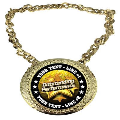 Express Medals Custom Outstanding Performer Champ Chain Trophy with 2 Lines of Personalized Text on a Large Rigid Plastic Award Medal and 34 Inch Long Gold Color Neck Chain. FCL519