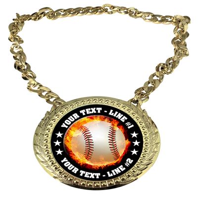 Express Medals Custom Flame Baseball Champ Chain Trophy with 2 Lines of Personalized Text on a Large Rigid Plastic Award Medal and 34 Inch Long Gold Color Neck Chain. EMFCL808