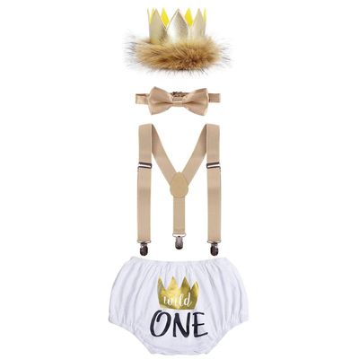 IBTOM CASTLE Baby Boys Girls First Birthday Photography Cake Smash Outits One Crown Dress Up Things King of The Jungle Fishing Party 4PCS Diaper Cover Bowtie Suspenders Headbands White 12-18 Months