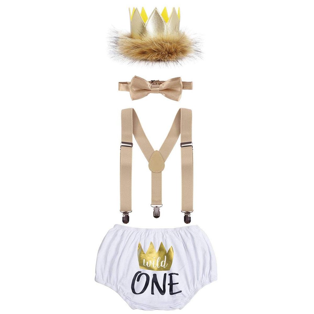 IBTOM CASTLE Baby Boys Girls First Birthday Photography Cake Smash Outits One Crown Dress Up Things King of The Jungle Fishing Party 4PCS Diaper Cover Bowtie Suspenders Headbands White 12-18 Months