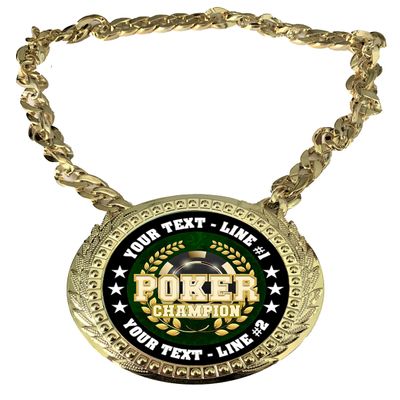 Express Medals Custom Poker Holdem Champ Chain Trophy with 2 Lines of Personalized Text on a Large Rigid Plastic Award Medal and 34 Inch Long Gold Color Neck Chain. Poker