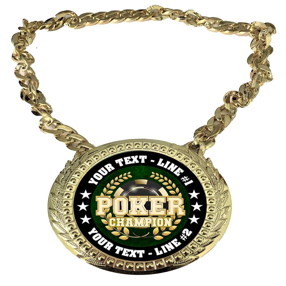 Express Medals Custom Poker Holdem Champ Chain Trophy with 2 Lines of Personalized Text on a Large Rigid Plastic Award Medal and 34 Inch Long Gold Color Neck Chain. Poker