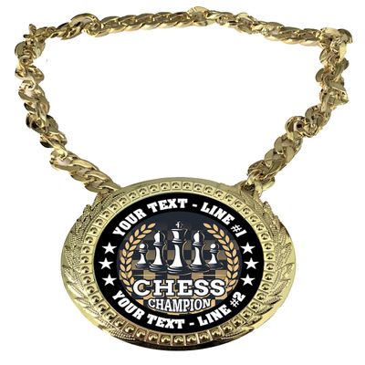 Express Medals Custom Chess Champ Chain Trophy with 2 Lines of Personalized Text on a Large Rigid Plastic Award Medal and 34 Inch Long Gold Color Neck Chain. Chess
