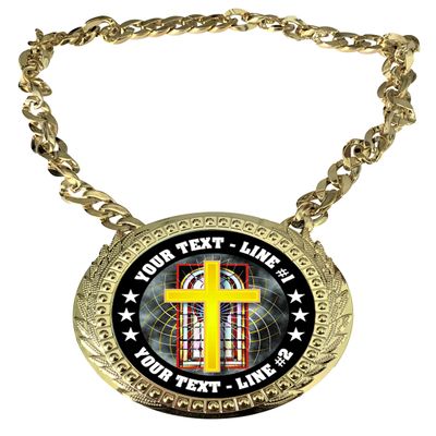 Express Medals Custom Religious Cross Champ Chain Trophy with 2 Lines of Personalized Text on a Large Rigid Plastic Award Medal and 34 Inch Long Gold Color Neck Chain. FCL528