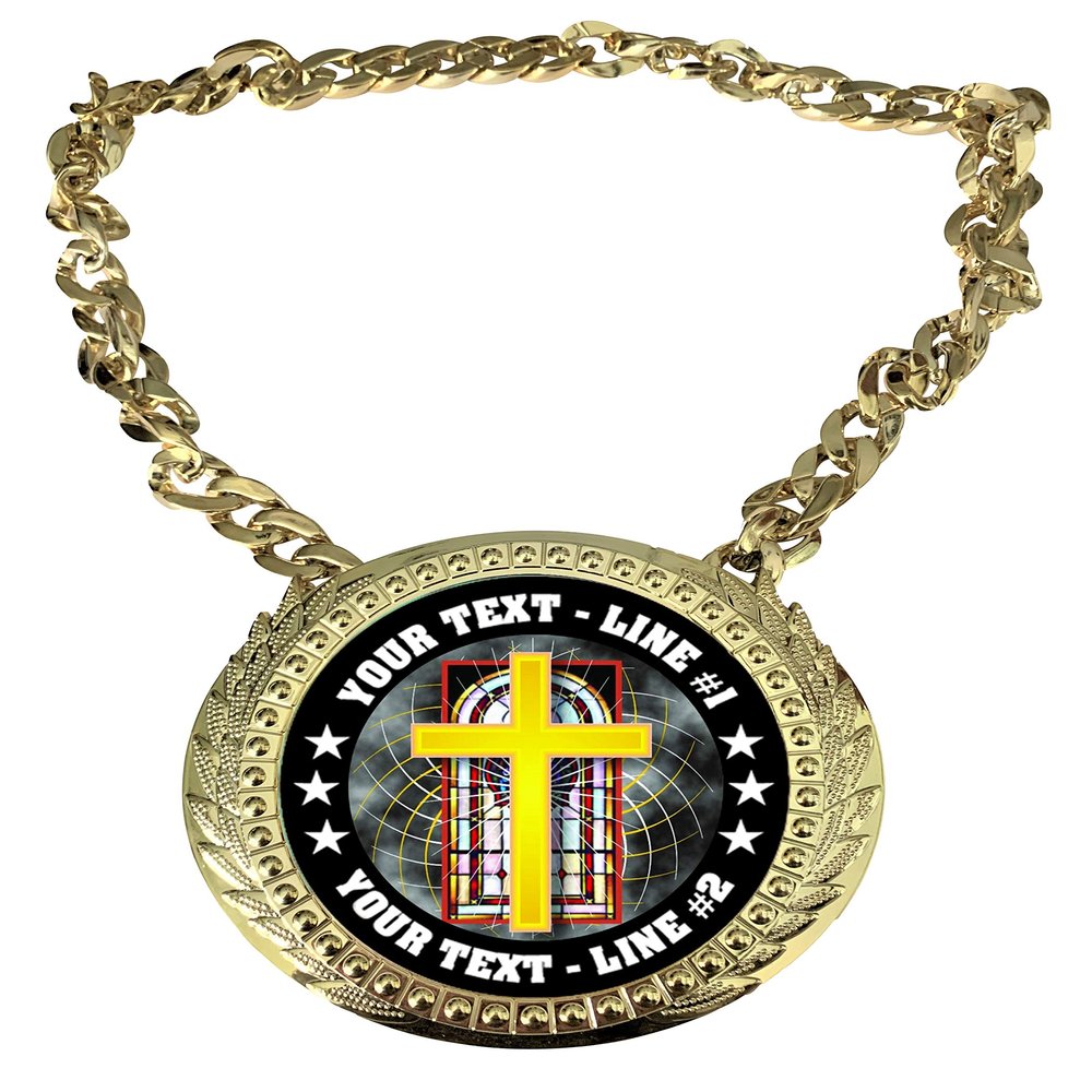 Express Medals Custom Religious Cross Champ Chain Trophy with 2 Lines of Personalized Text on a Large Rigid Plastic Award Medal and 34 Inch Long Gold Color Neck Chain. FCL528