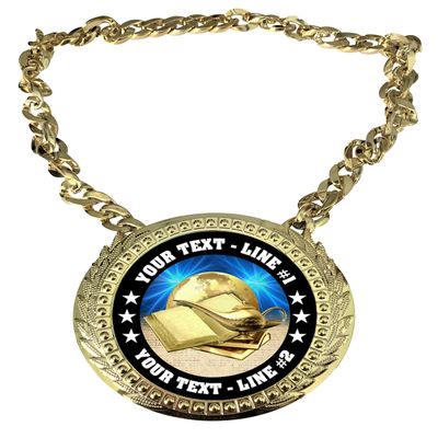 Express Medals Custom Scholastic Book Lamp Champ Chain Trophy with 2 Lines of Personalized Text on a Large Rigid Plastic Award Medal and 34 Inch Long Gold Color Neck Chain. D40