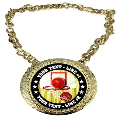 Express Medals Custom Basketball Hoops Champ Chain Trophy with 2 Lines of Personalized Text on a Large Rigid Plastic Award Medal and 34 Inch Long Gold Color Neck Chain. FCL411