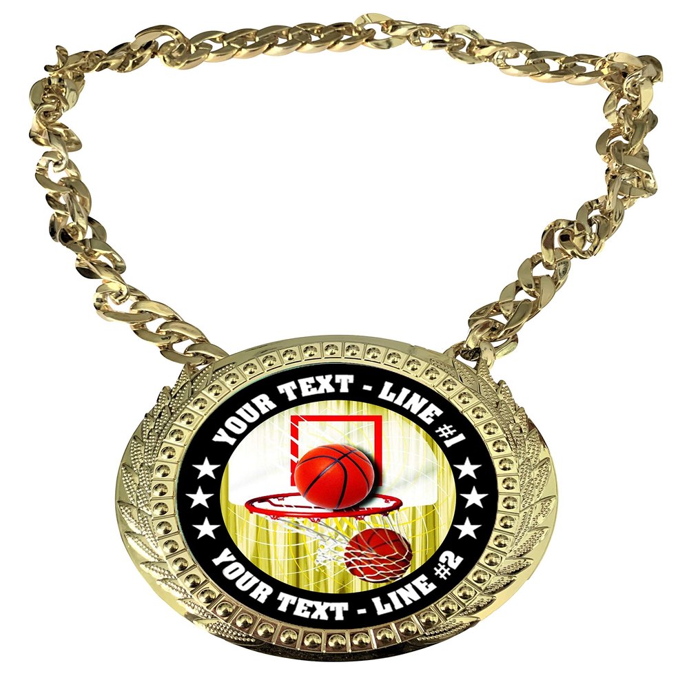 Express Medals Custom Basketball Hoops Champ Chain Trophy with 2 Lines of Personalized Text on a Large Rigid Plastic Award Medal and 34 Inch Long Gold Color Neck Chain. FCL411