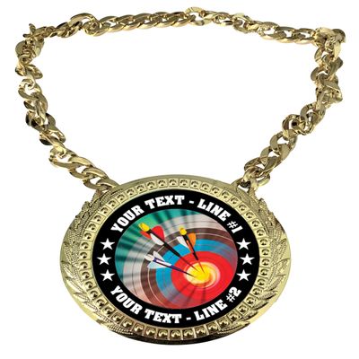 Express Medals Custom Cycling Champ Chain Trophy with 2 Lines of Personalized Text on a Large Rigid Plastic Award Medal and 34 Inch Long Gold Color Neck Chain. FCL449