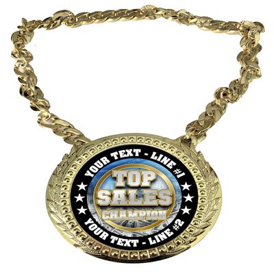 Express Medals Custom Topsales Champ Chain Trophy with 2 Lines of Personalized Text on a Large Rigid Plastic Award Medal and 34 Inch Long Gold Color Neck Chain. Topsales