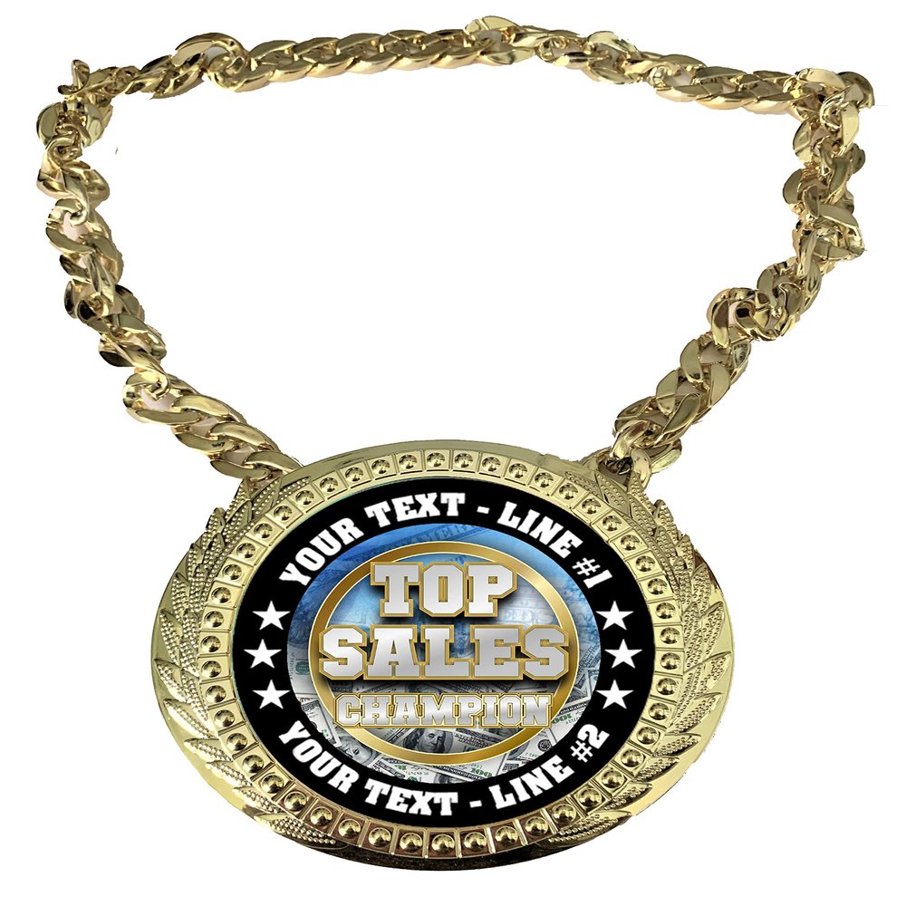 Express Medals Custom Topsales Champ Chain Trophy with 2 Lines of Personalized Text on a Large Rigid Plastic Award Medal and 34 Inch Long Gold Color Neck Chain. Topsales