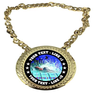 Express Medals Custom Swimming Swimmer Champ Chain Trophy with 2 Lines of Personalized Text on a Large Rigid Plastic Award Medal and 34 Inch Long Gold Color Neck Chain. FCL560