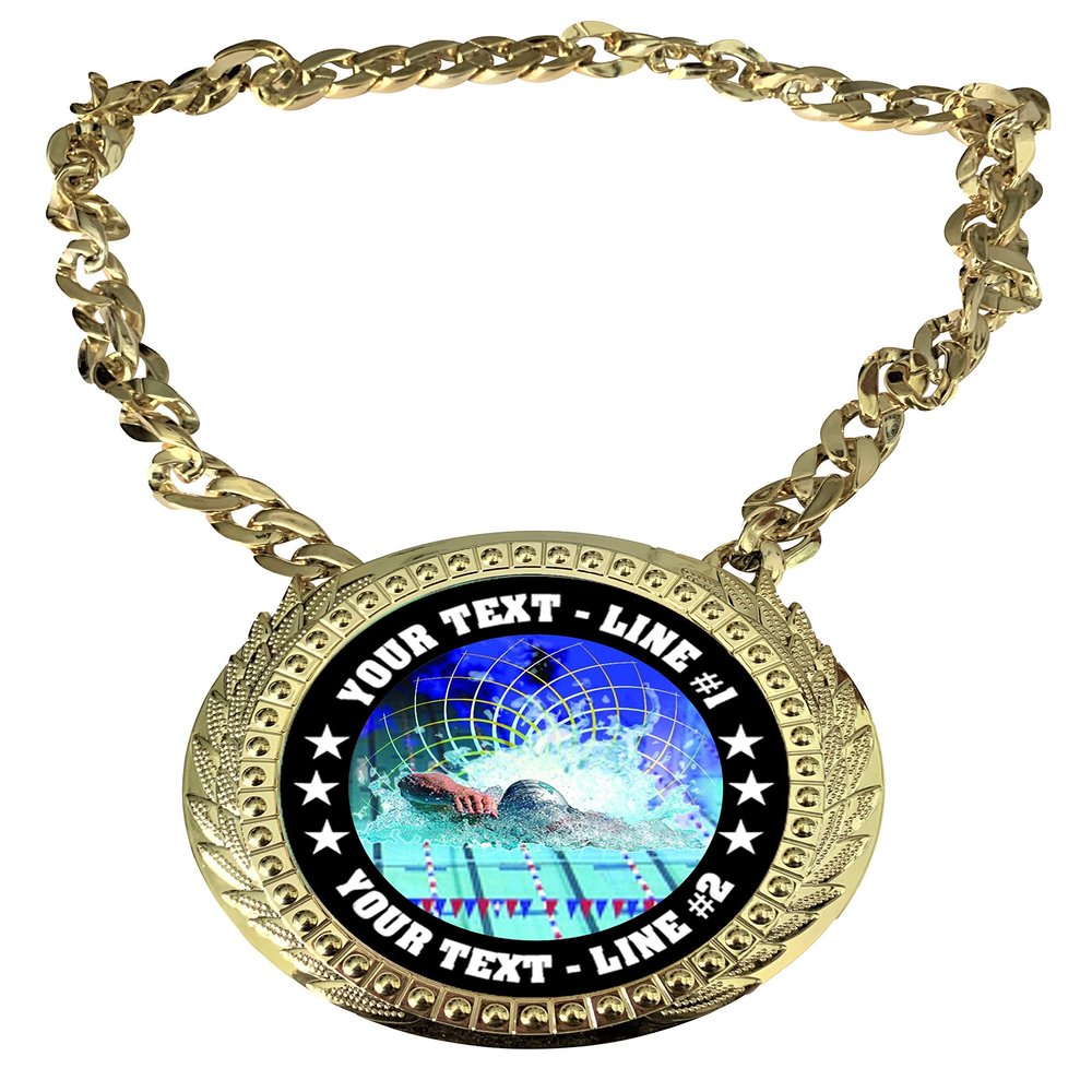 Express Medals Custom Swimming Swimmer Champ Chain Trophy with 2 Lines of Personalized Text on a Large Rigid Plastic Award Medal and 34 Inch Long Gold Color Neck Chain. FCL560