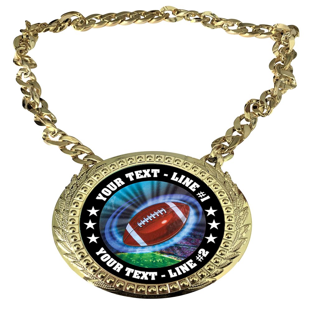 Express Medals Custom Football Champ Chain Trophy with 2 Lines of Personalized Text on a Large Rigid Plastic Award Medal and 34 Inch Long Gold Color Neck Chain. MY422