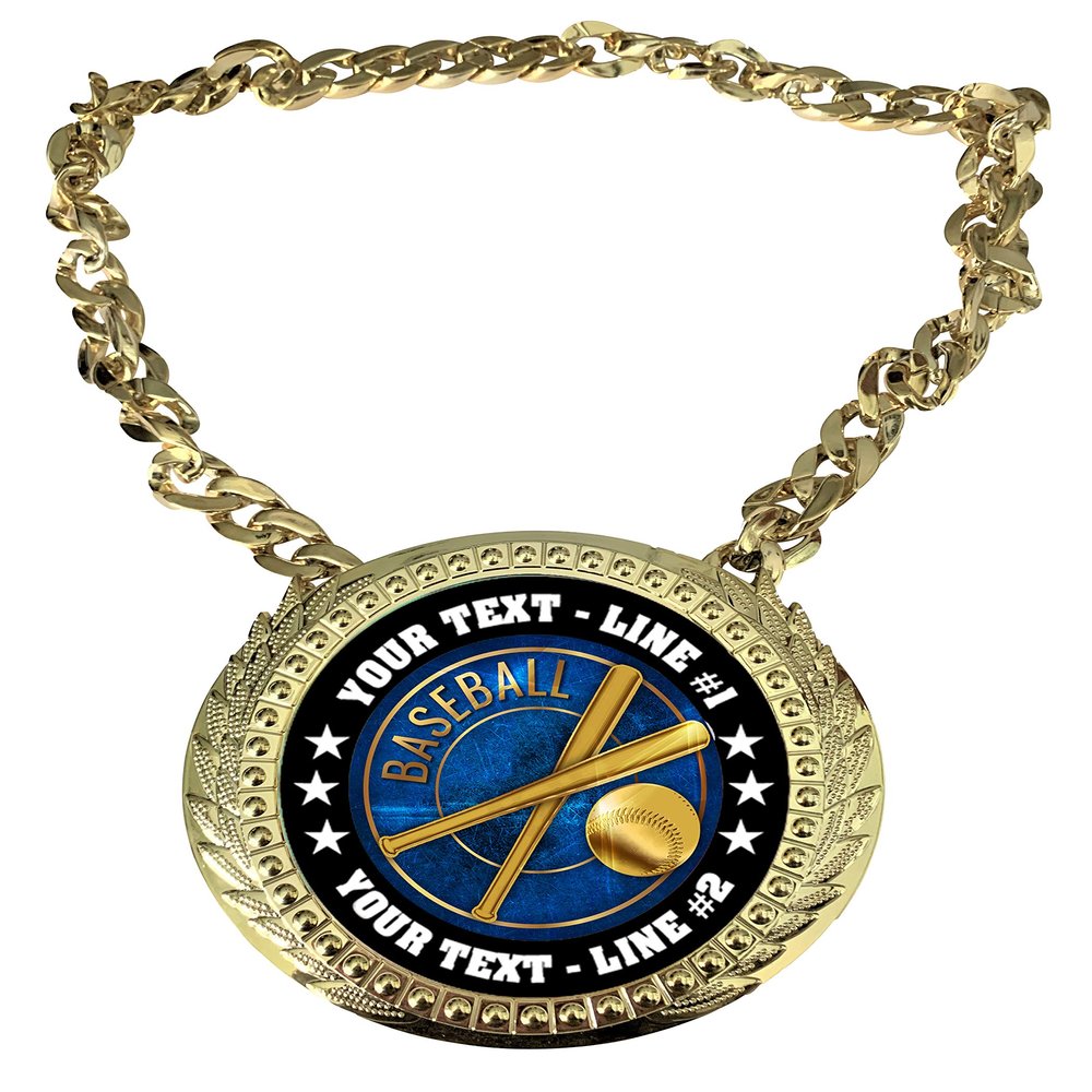 Express Medals Custom Baseball Champ Chain Trophy with 2 Lines of Personalized Text on a Large Rigid Plastic Award Medal and 34 Inch Long Gold Color Neck Chain. EG10