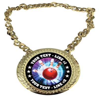 Express Medals Custom Bowling Champ Chain Trophy with 2 Lines of Personalized Text on a Large Rigid Plastic Award Medal and 34 Inch Long Gold Color Neck Chain. MY411