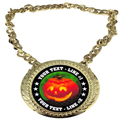 Express Medals Custom Halloween Pumpkin Champ Chain Trophy with 2 Lines of Personalized Text on a Large Rigid Plastic Award Medal and 34 Inch Long Gold Color Neck Chain. FCL493