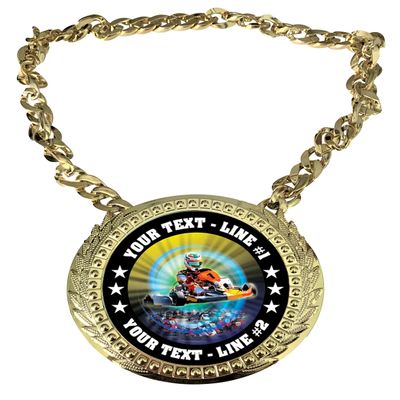 Express Medals Custom Go Kart Champ Chain Trophy with 2 Lines of Personalized Text on a Large Rigid Plastic Award Medal and 34 Inch Long Gold Color Neck Chain. MY426
