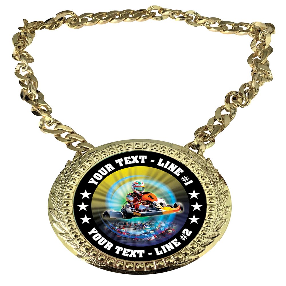 Express Medals Custom Go Kart Champ Chain Trophy with 2 Lines of Personalized Text on a Large Rigid Plastic Award Medal and 34 Inch Long Gold Color Neck Chain. MY426