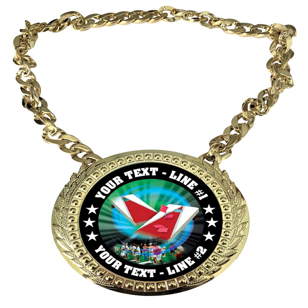 Express Medals Custom Bag Toss Cornhole Champ Chain Trophy with 2 Lines of Personalized Text on a Large Rigid Plastic Award Medal and 34 Inch Long Gold Color Neck Chain. MY469