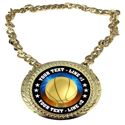 Express Medals Custom Basketball Champ Chain Trophy with 2 Lines of Personalized Text on a Large Rigid Plastic Award Medal and 34 Inch Long Gold Color Neck Chain. D10