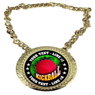 Express Medals Custom Kickball Champ Chain Trophy with 2 Lines of Personalized Text on a Large Rigid Plastic Award Medal and 34 Inch Long Gold Color Neck Chain. FCL503