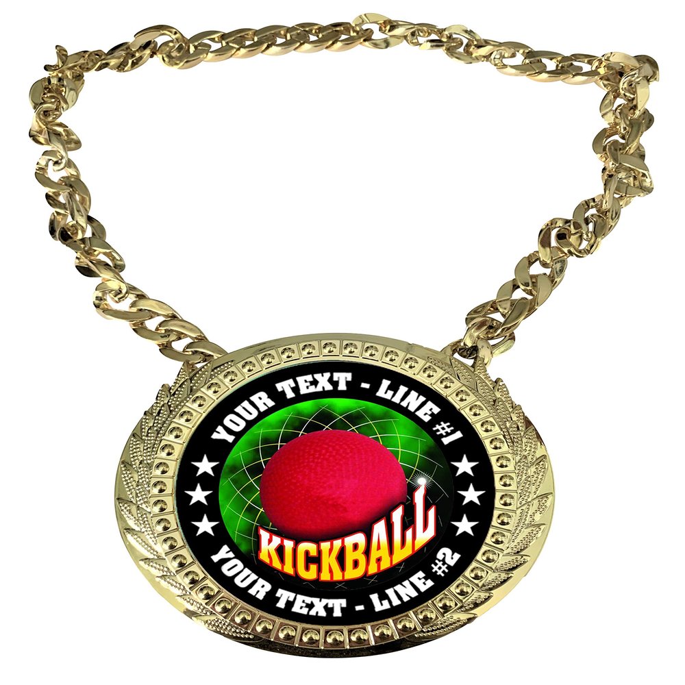 Express Medals Custom Kickball Champ Chain Trophy with 2 Lines of Personalized Text on a Large Rigid Plastic Award Medal and 34 Inch Long Gold Color Neck Chain. FCL503