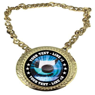 Express Medals Custom Ice Hockey Champ Chain Trophy with 2 Lines of Personalized Text on a Large Rigid Plastic Award Medal and 34 Inch Long Gold Color Neck Chain. MY427