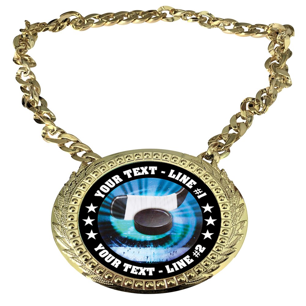 Express Medals Custom Ice Hockey Champ Chain Trophy with 2 Lines of Personalized Text on a Large Rigid Plastic Award Medal and 34 Inch Long Gold Color Neck Chain. MY427