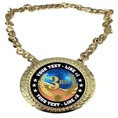 Express Medals Custom Third Place Champ Chain Trophy with 2 Lines of Personalized Text on a Large Rigid Plastic Award Medal and 34 Inch Long Gold Color Neck Chain. D03
