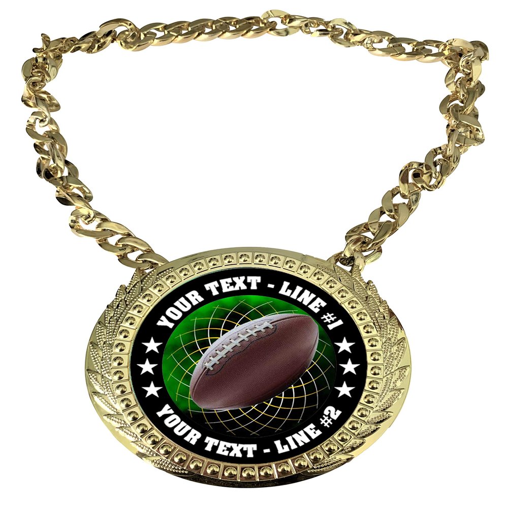 Express Medals Custom Football Champ Chain Trophy with 2 Lines of Personalized Text on a Large Rigid Plastic Award Medal and 34 Inch Long Gold Color Neck Chain. FCL475