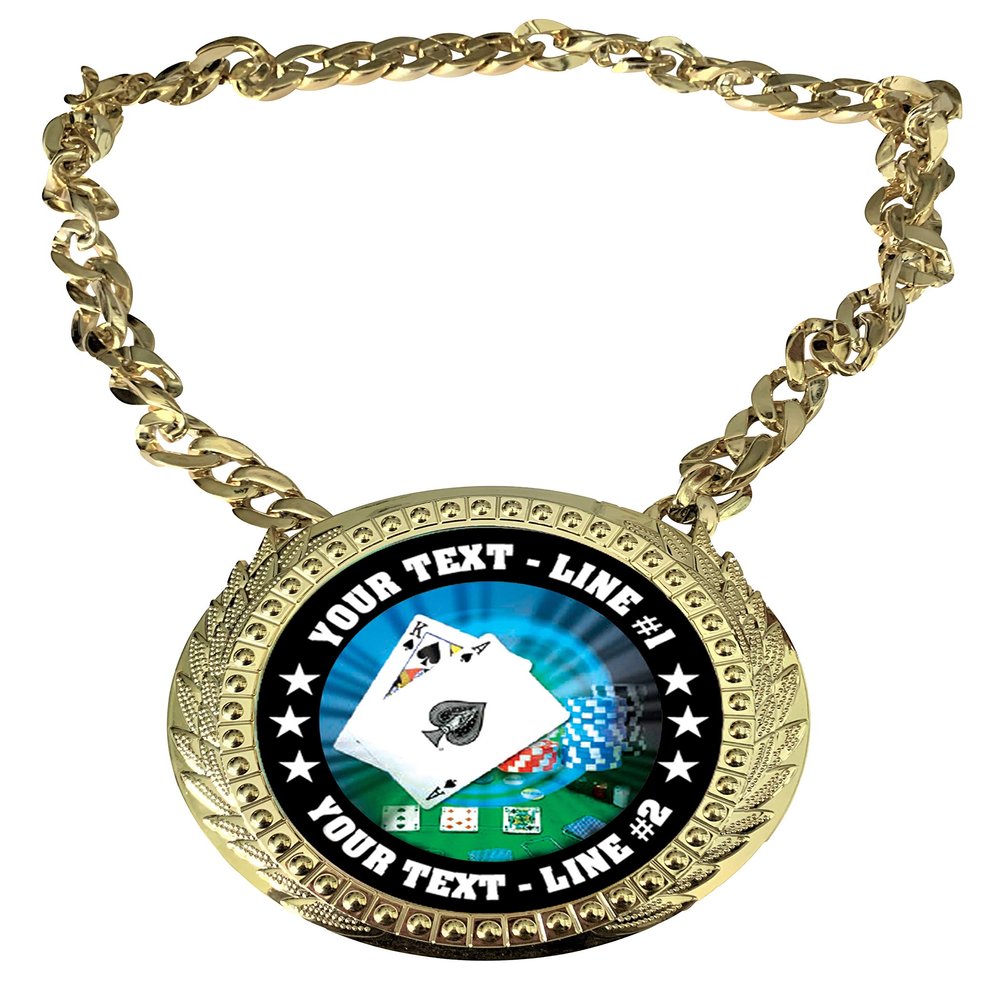 Express Medals Custom Texas Holdem Poker Champ Chain Trophy with 2 Lines of Personalized Text on a Large Rigid Plastic Award Medal and 34 Inch Long Gold Color Neck Chain. MY468