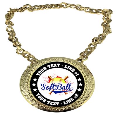Express Medals Custom Softball Champ Chain Trophy with 2 Lines of Personalized Text on a Large Rigid Plastic Award Medal and 34 Inch Long Gold Color Neck Chain. EG190