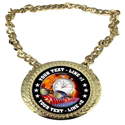 Express Medals Custom Flame Swimming Champ Chain Trophy with 2 Lines of Personalized Text on a Large Rigid Plastic Award Medal and 34 Inch Long Gold Color Neck Chain. EMFCL811