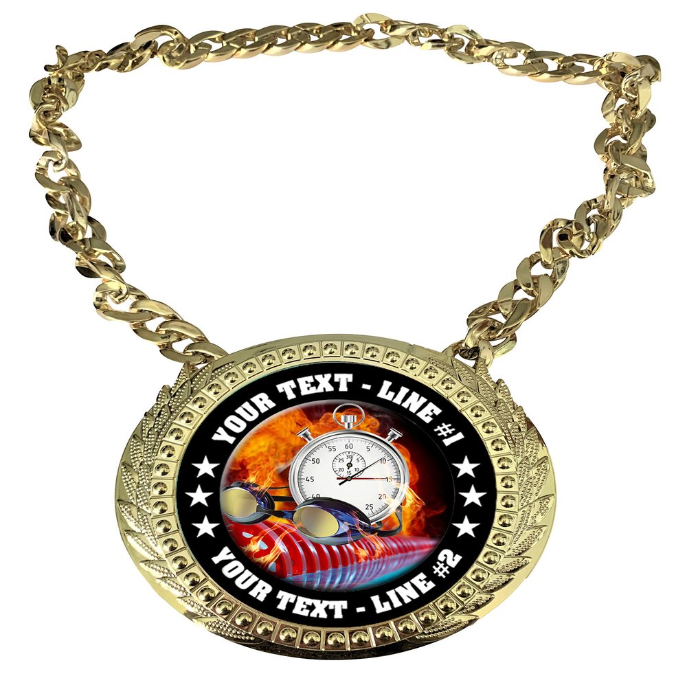 Express Medals Custom Flame Swimming Champ Chain Trophy with 2 Lines of Personalized Text on a Large Rigid Plastic Award Medal and 34 Inch Long Gold Color Neck Chain. EMFCL811