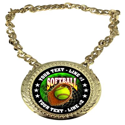 Express Medals Custom Softball Glove Champ Chain Trophy with 2 Lines of Personalized Text on a Large Rigid Plastic Award Medal and 34 Inch Long Gold Color Neck Chain. FCL547