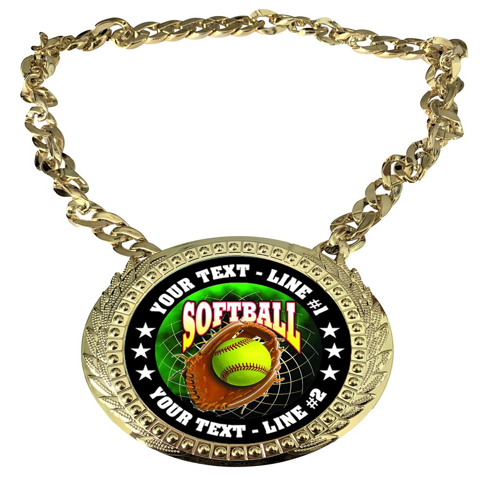 Express Medals Custom Softball Glove Champ Chain Trophy with 2 Lines of Personalized Text on a Large Rigid Plastic Award Medal and 34 Inch Long Gold Color Neck Chain. FCL547