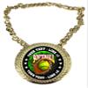 Express Medals Custom Softball Glove Champ Chain Trophy with 2 Lines of Personalized Text on a Large Rigid Plastic Award Medal and 34 Inch Long Gold Color Neck Chain. FCL547 view 1